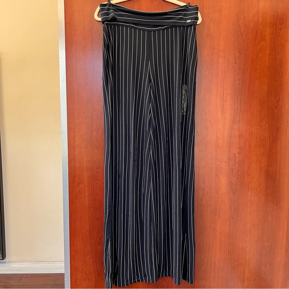 Armani Exchange Size Large Pants Fold Over Waist Wide Leg Navy Blue Stripped New